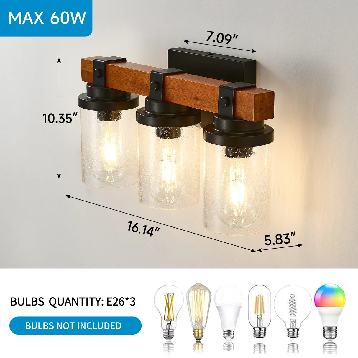 3-Light Matte Black Wooden Glass Shade Wall Lamp - Omega Lifestyles