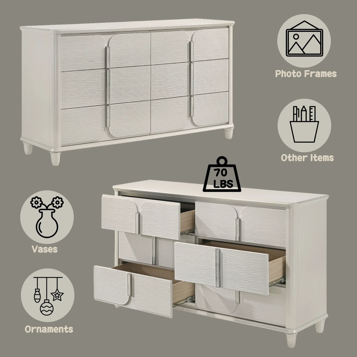 White Six-Drawer Acrylic Synthetic Wood Dresser - Omega Lifestyles