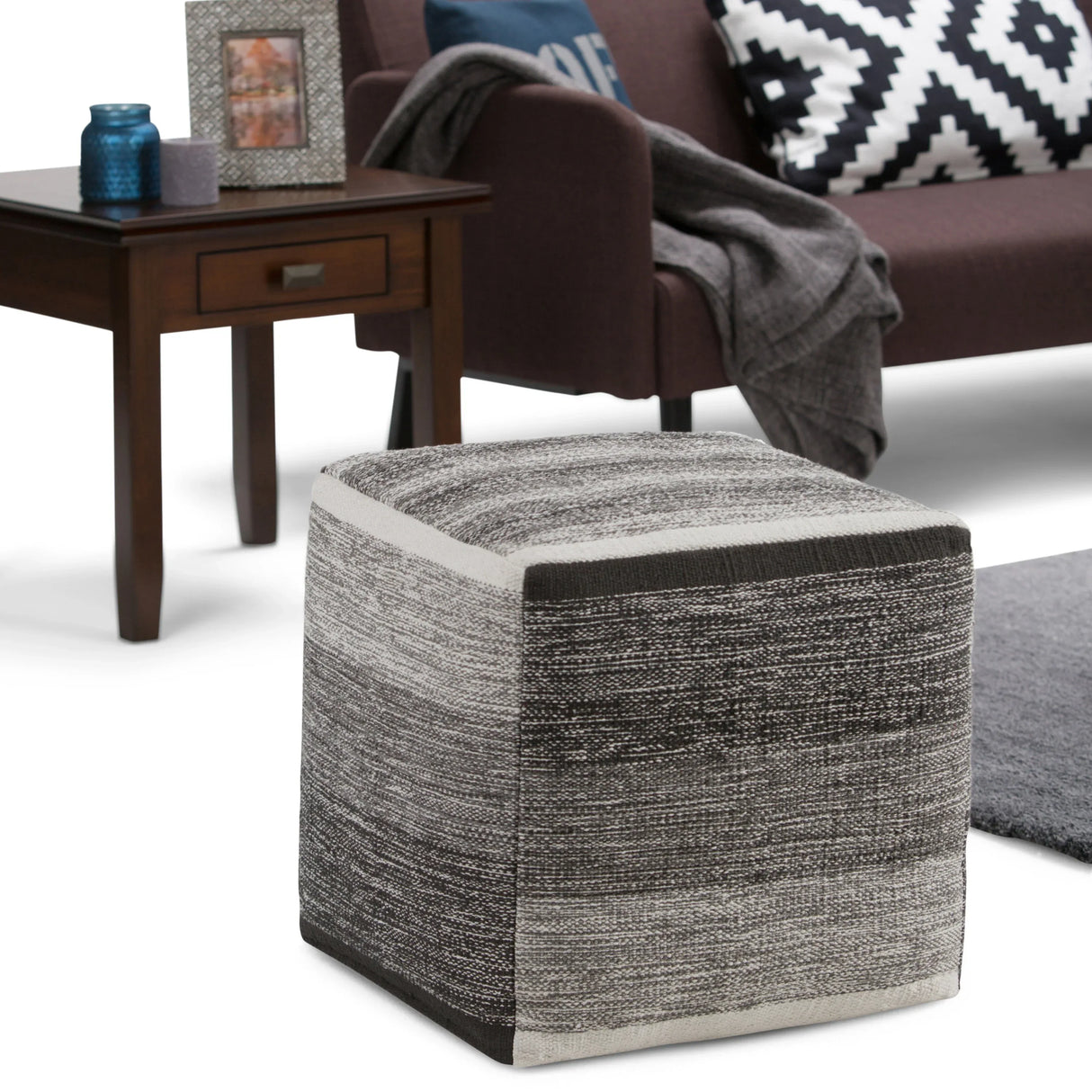 Woven Grey Mélange Fabric Cube Pouf Stool - Omega Lifestyles