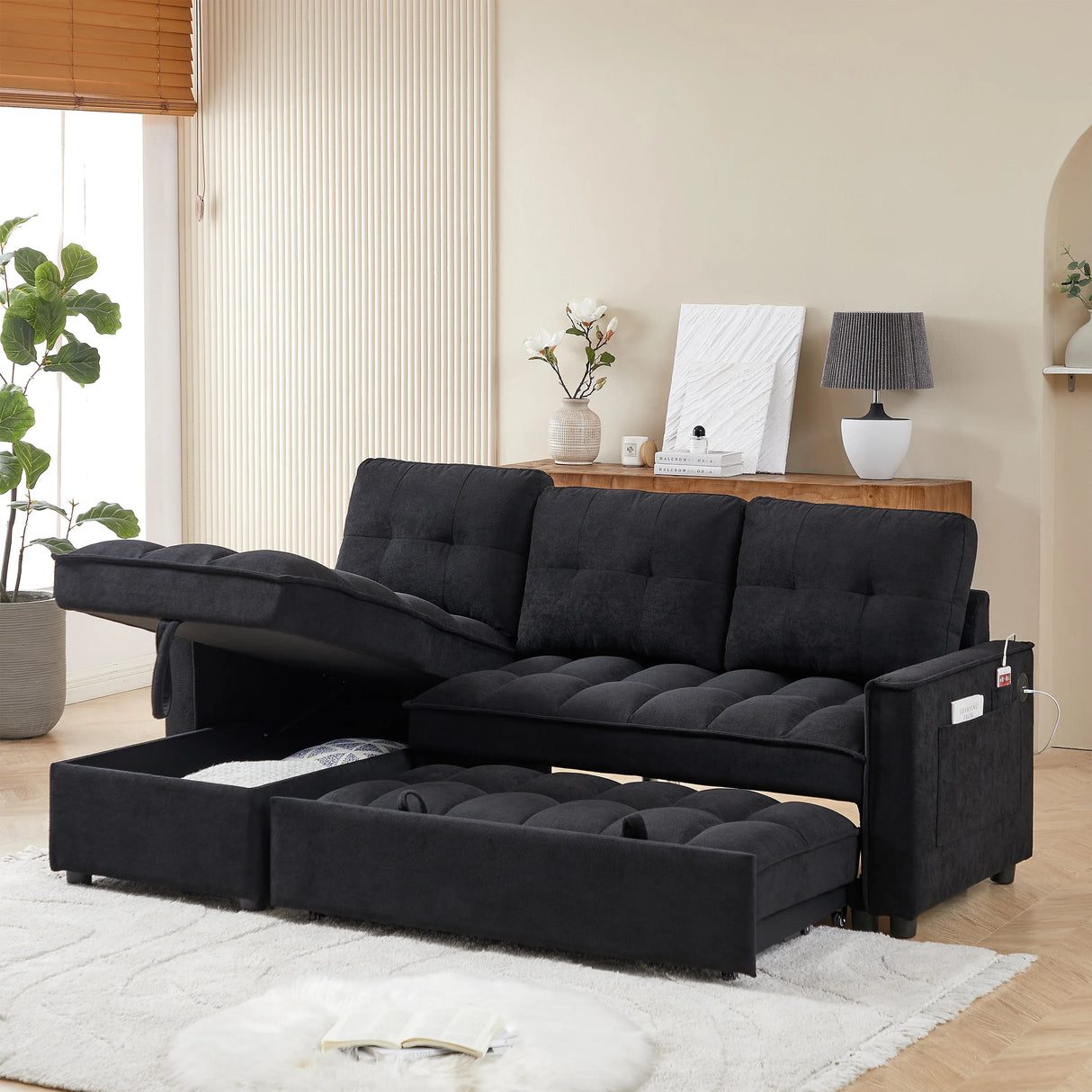 Chenille Reclining Sleeper Sofa Bed With Storage - Omega Lifestyles
