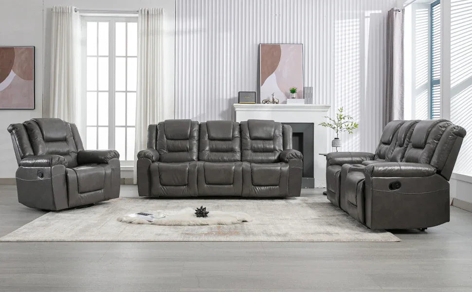 Grey Manual PU Upholstered Home Theater Recliner Chair Set - Omega Lifestyles