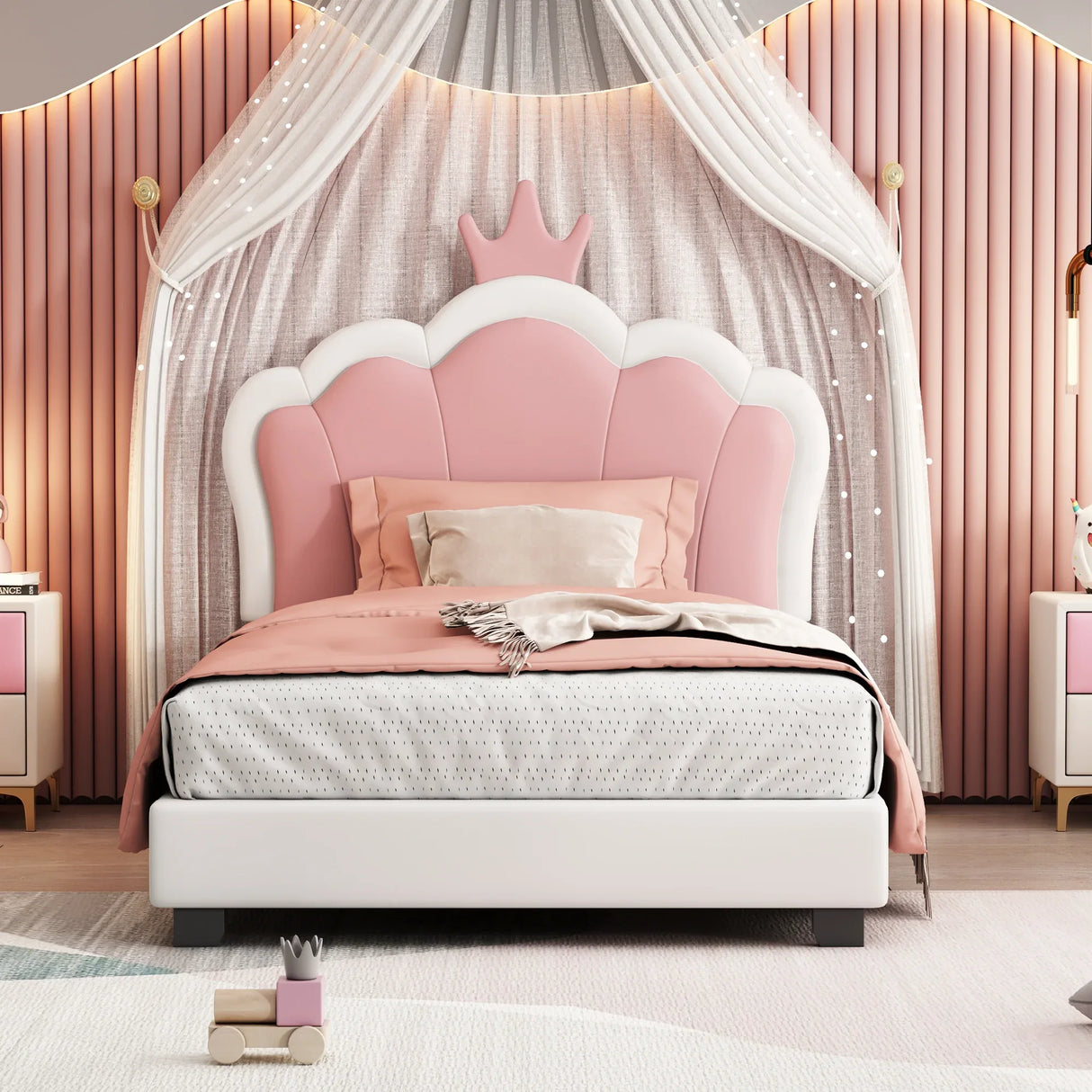 Twin Upholstered Princess Platform Bed With Crown Headboard - Omega Lifestyles