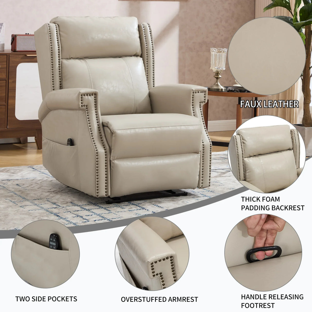 Beige Faux Leather Manual Recliner Chair With Massage - Omega Lifestyles