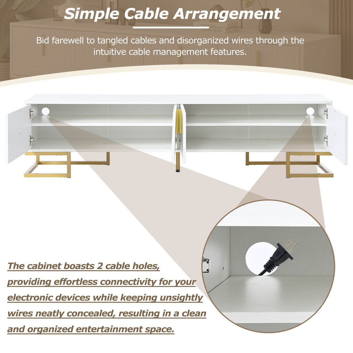 Modern White Gold Metal Legs TV Stand With Cabinets - Sleep Galleria