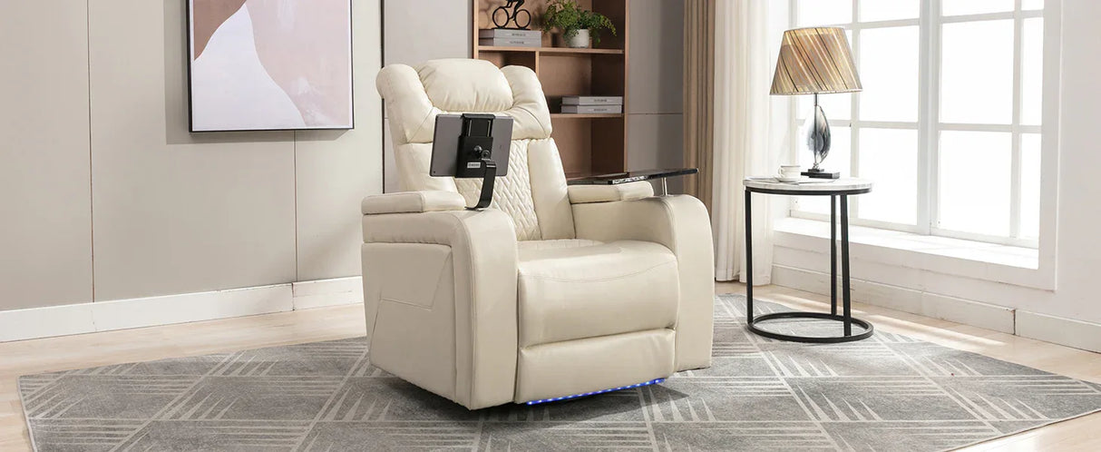 Power PU Leather Recliner Chair With Tray Table USB Port - Omega Lifestyles