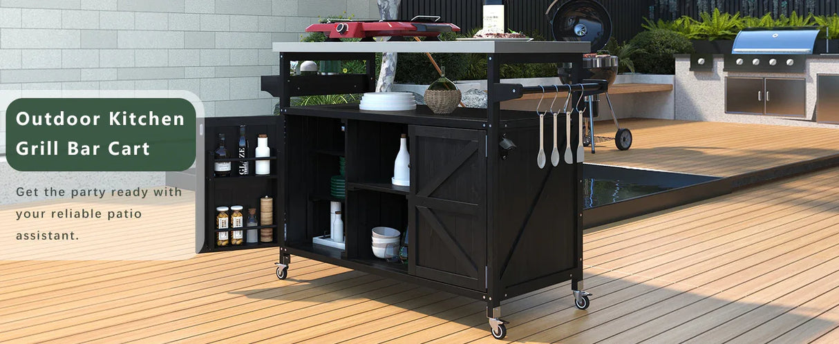 Farmhouse Solid Fir Wood Outdoor Kitchen Island Cart - Omega Lifestyles