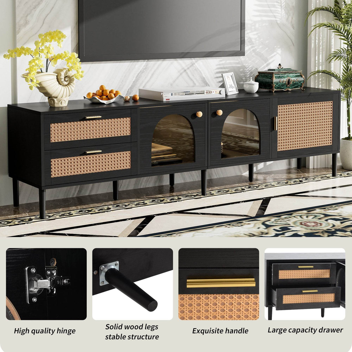 Modern Rattan-Inspired TV Stand With Storage Cabinets - Sleep Galleria