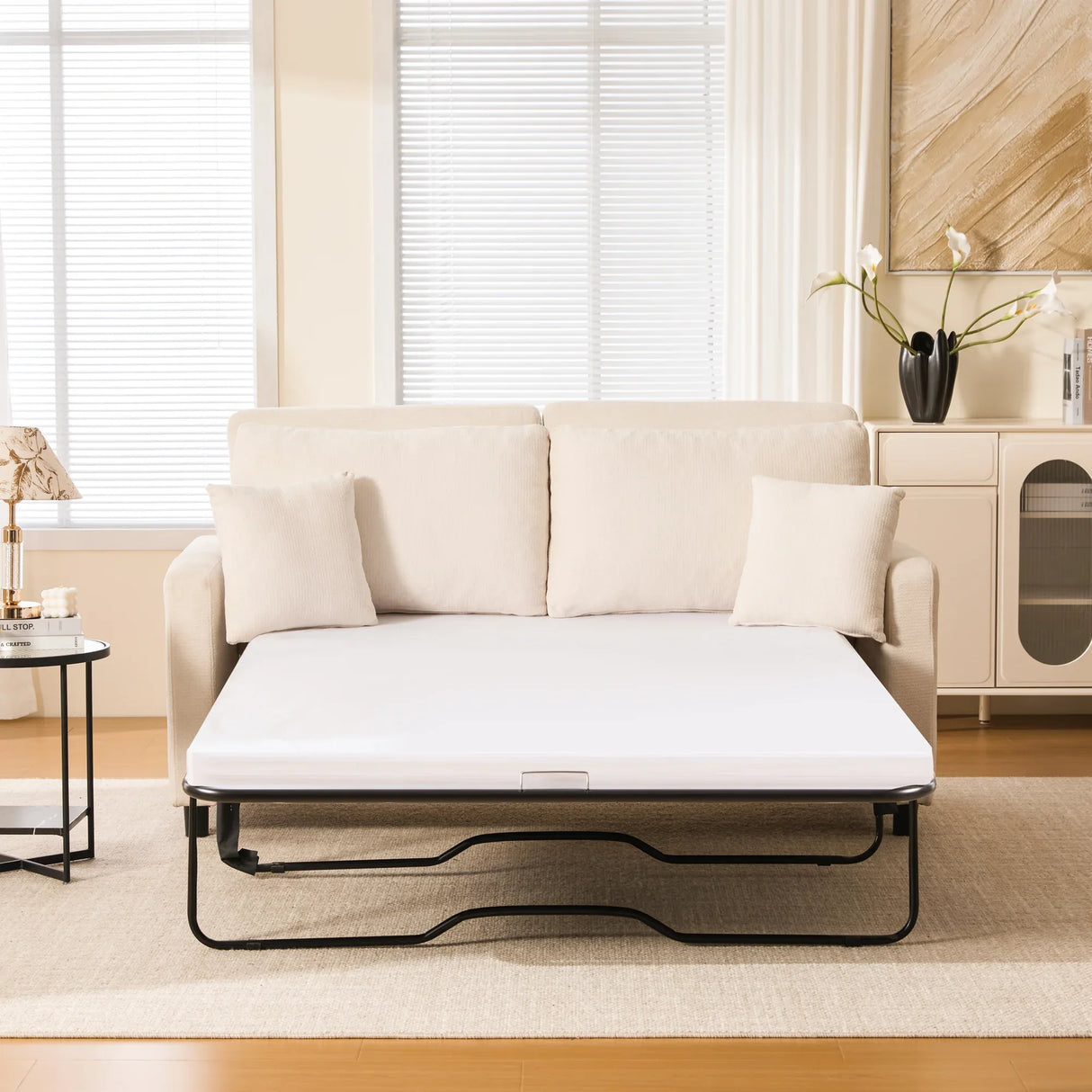 Modern Beige Sleeper Sofa Bed With Memory Foam Mattress - Omega Lifestyles