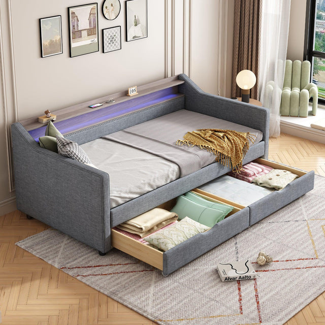 Twin Linen Upholstered Daybed Frame With Storage Drawers - Omega Lifestyles
