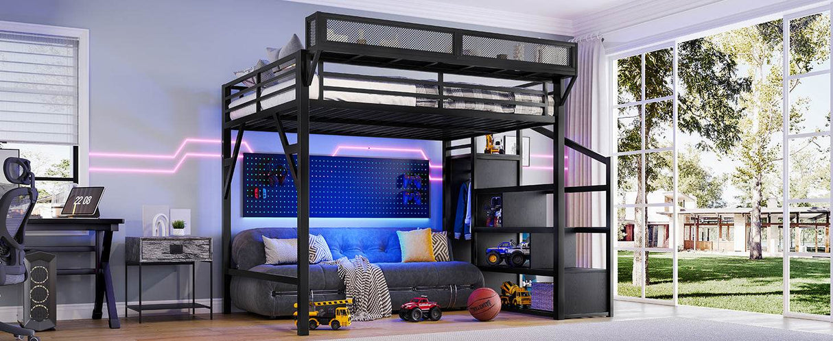 Queen Metal Loft Bed With Storage Stairs USB LED Lighting - Omega Lifestyles