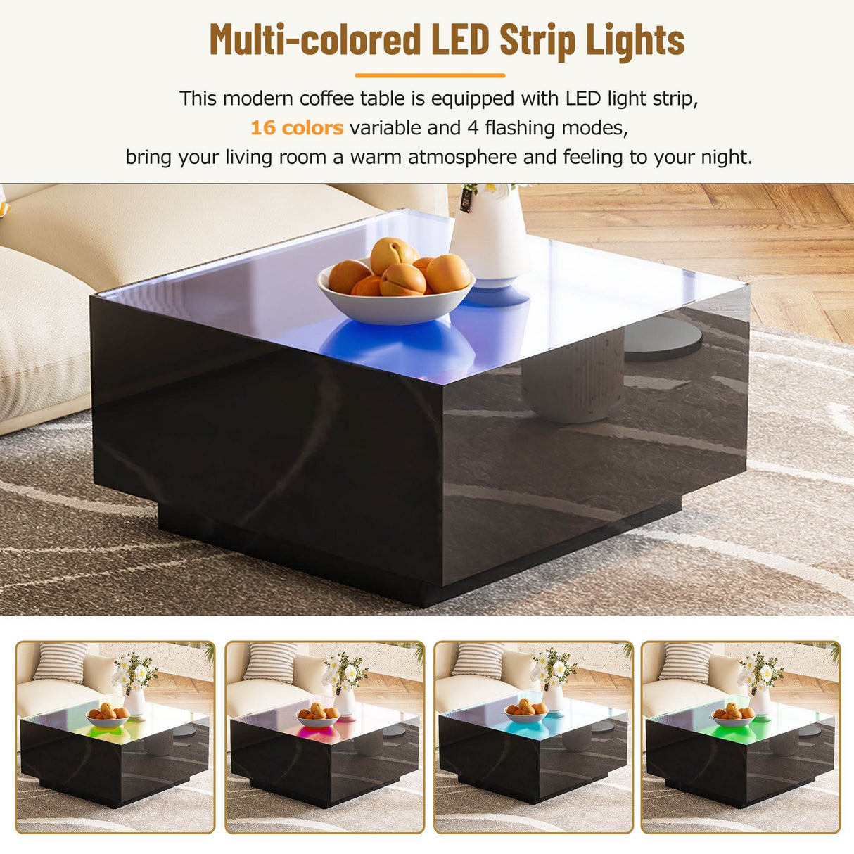 Modern Black High Glossy Coffee Table With LED Lights - Sleep Galleria