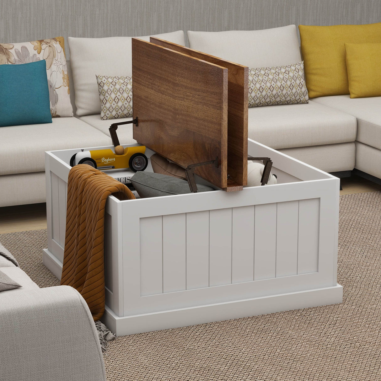 Farmhouse Style Square Coffee Table With Lift Top Storage - Sleep Galleria