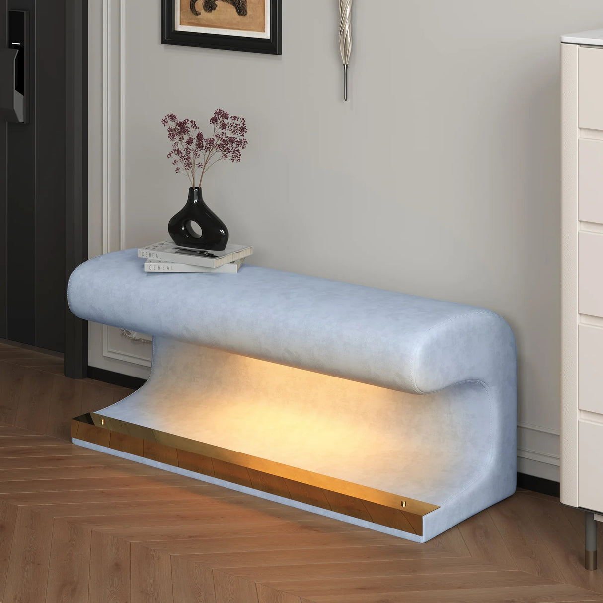 Modern Blue Leather Entryway Bench With LED Light - Omega Lifestyles