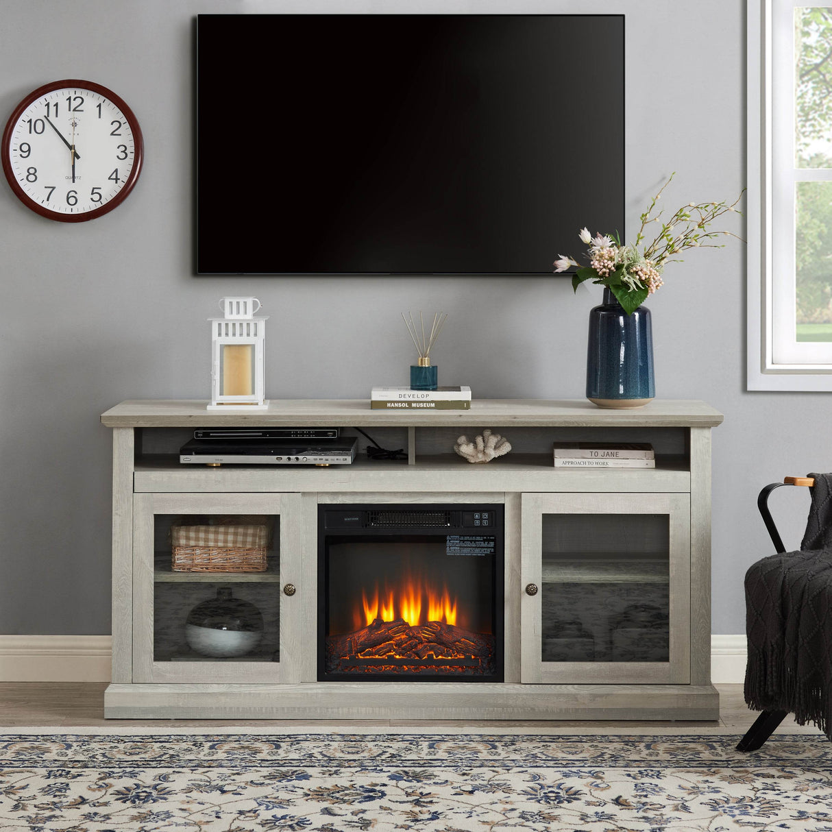 60-Inch Stone Gray MDF Fireplace TV Media Stand - Sleep Galleria