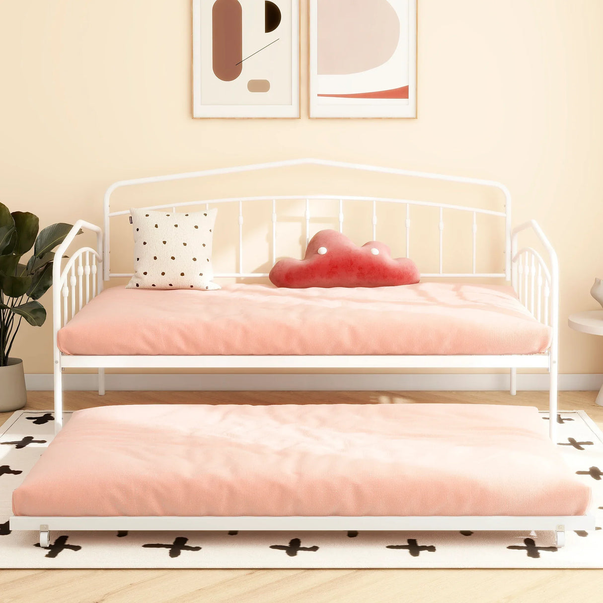 Twin Metal Daybed With Trundle White Bedroom Frame - Omega Lifestyles