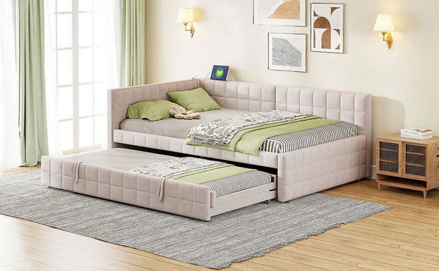 Full Upholstered L-Shaped Daybed With Twin Trundle and USB Ports - Omega Lifestyles