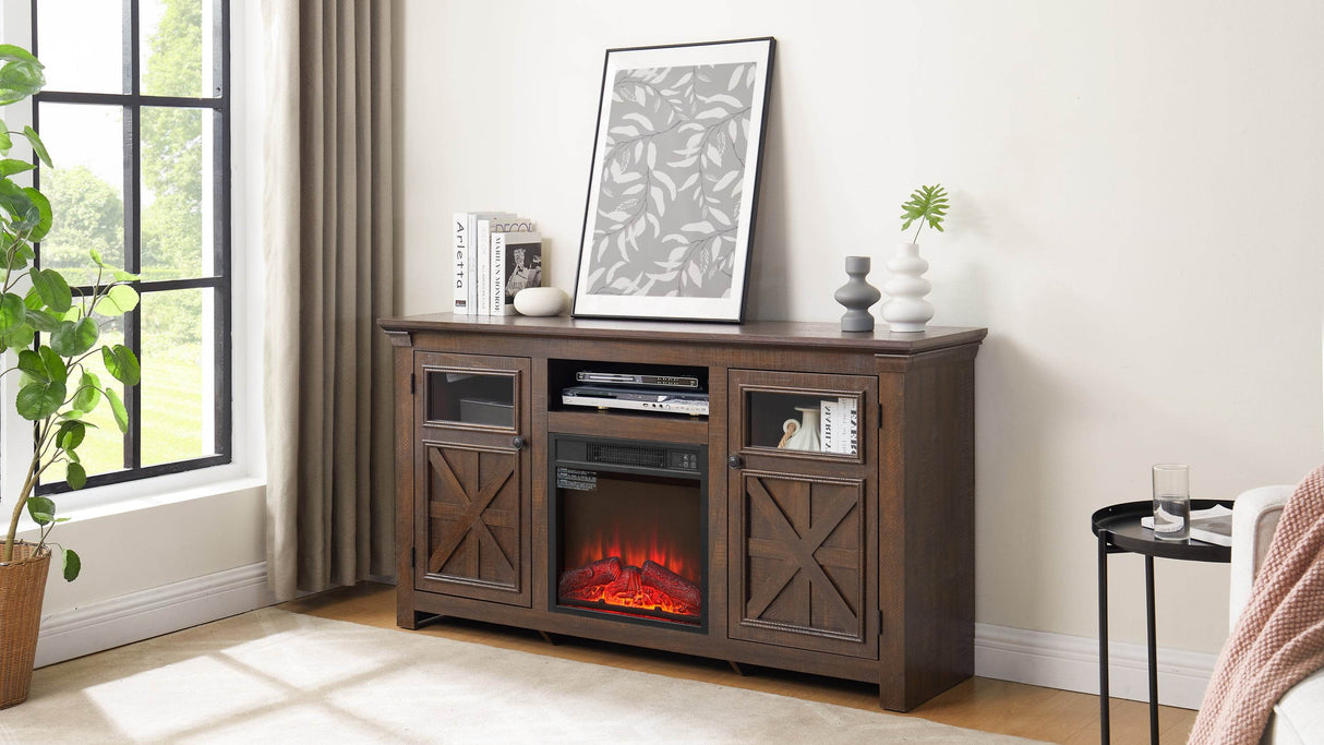 Farmhouse Espresso TV Stand With Fireplace Insert - Sleep Galleria