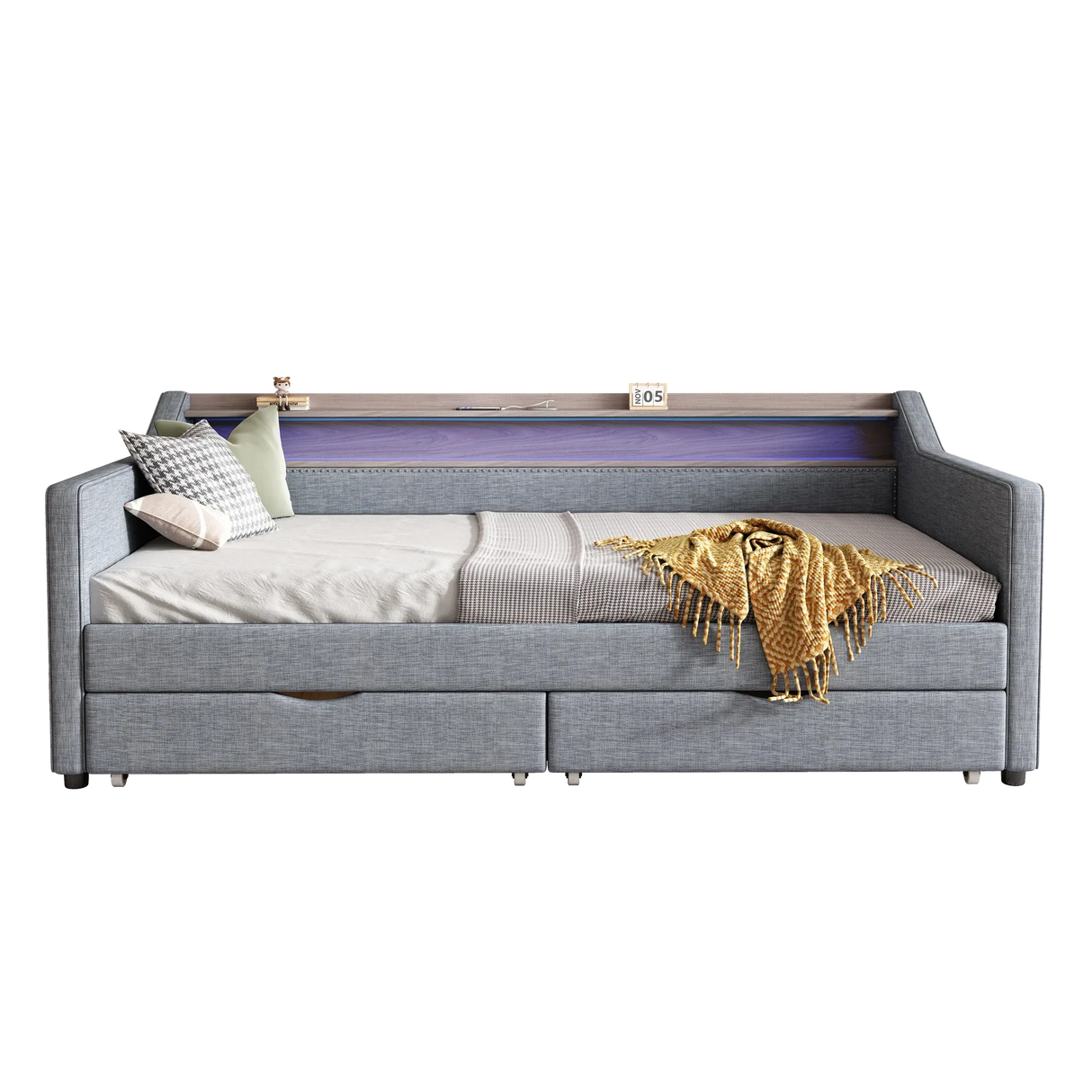 Twin Linen Upholstered Daybed Frame With Storage Drawers - Omega Lifestyles
