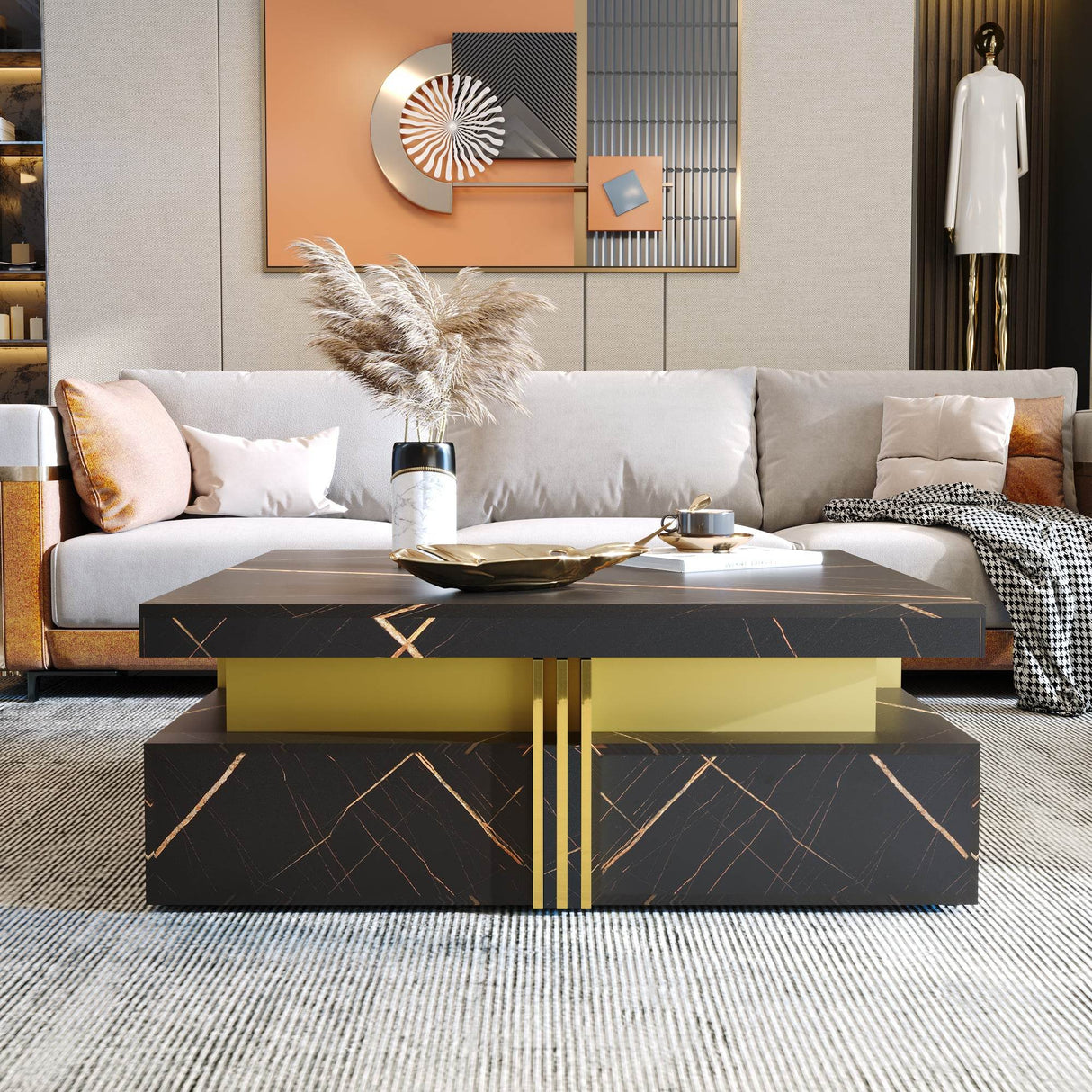 Modern Black Gold Accented Square Coffee Table With Storage - Sleep Galleria