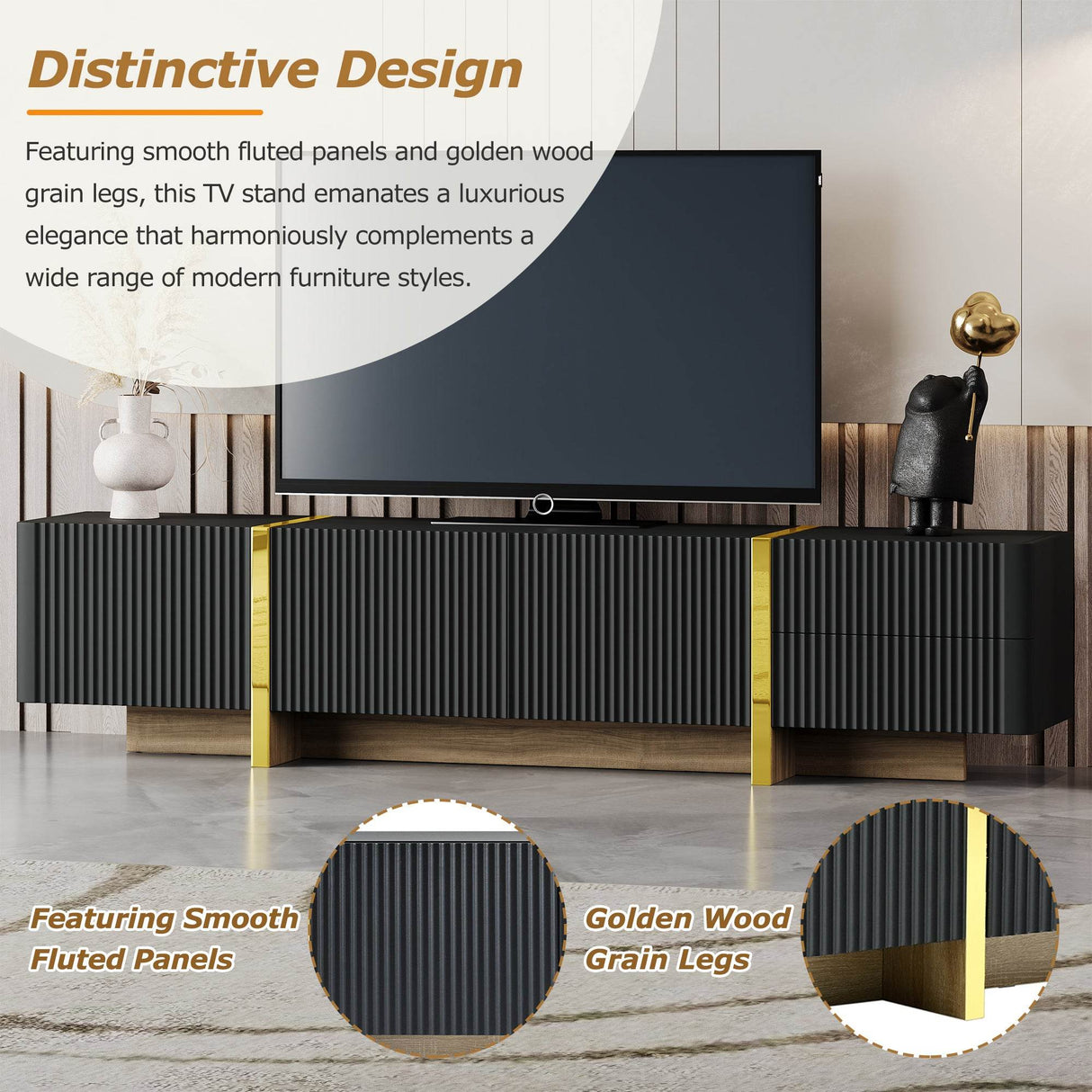 Luxury Fluted Black And Gold TV Stand With Storage - Sleep Galleria