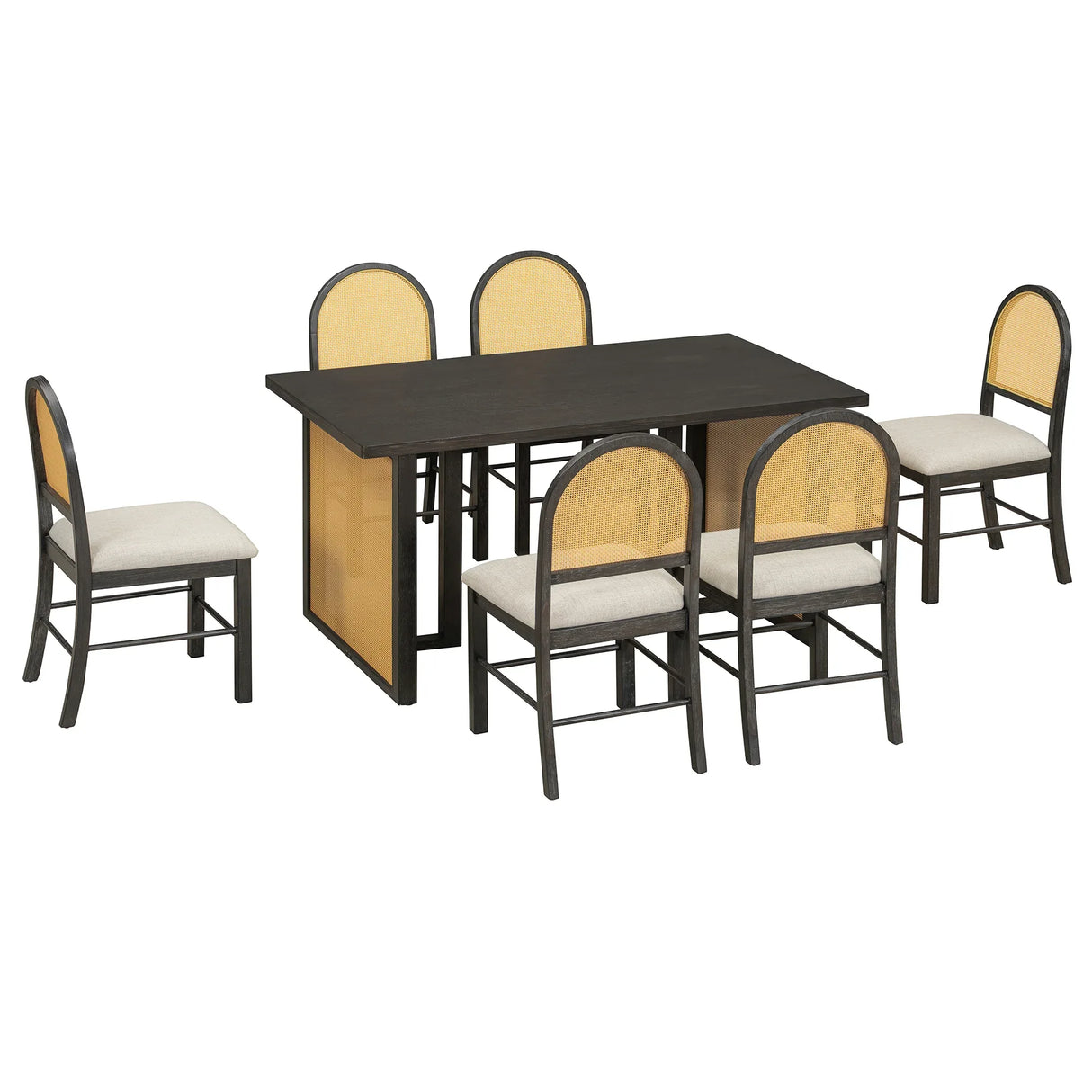 7-Piece Farmhouse Dining Table Set With Rattan Chairs - Omega Lifestyles