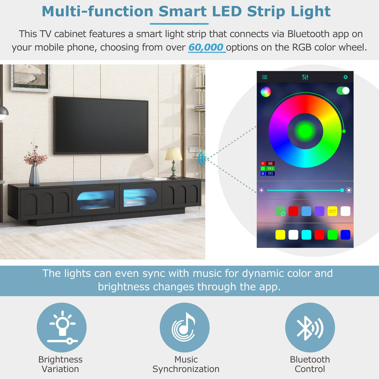 Smart LED Bluetooth Black Particle Board TV Stand - Sleep Galleria