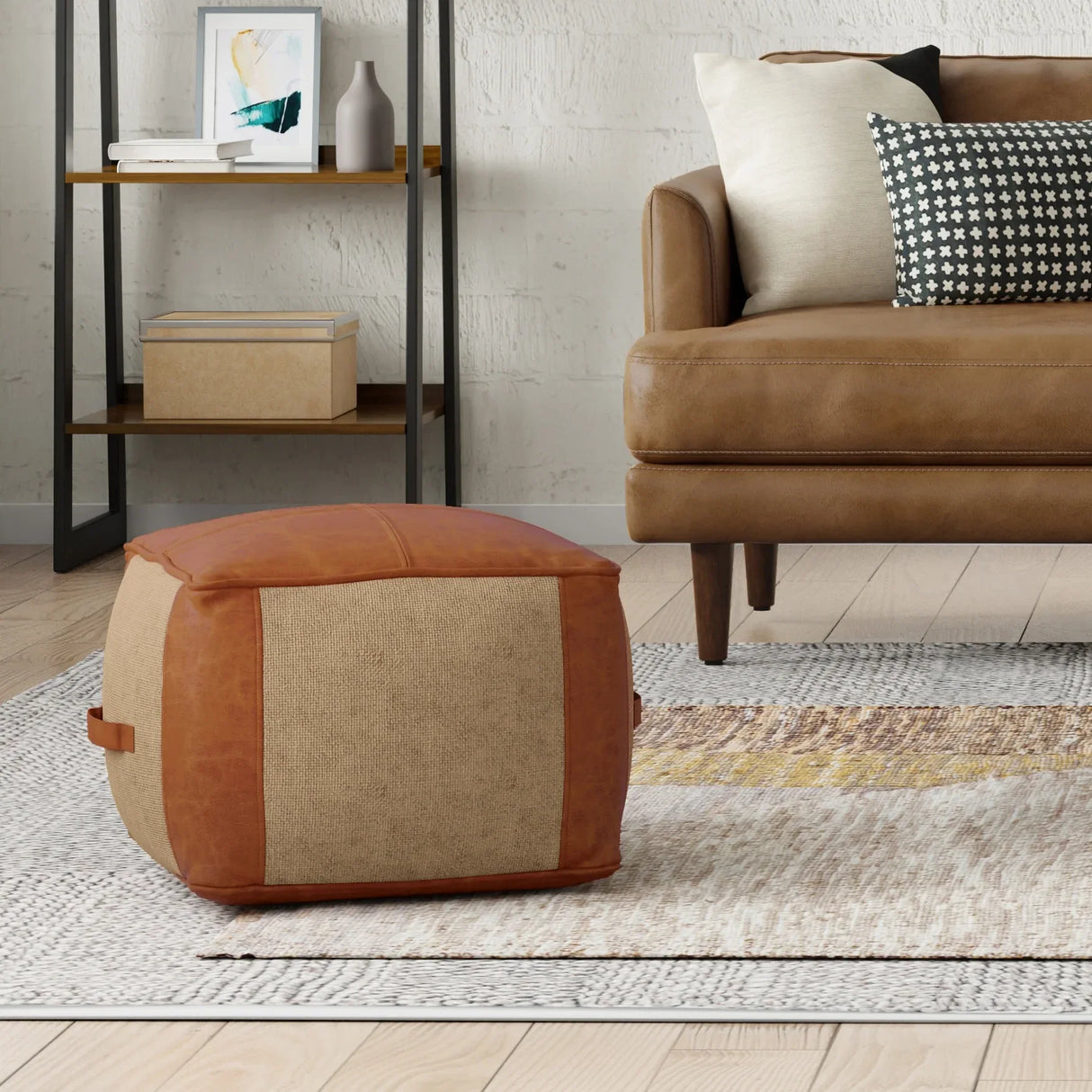 Top-Grain Leather Round Pouf Ottoman With Jute - Omega Lifestyles