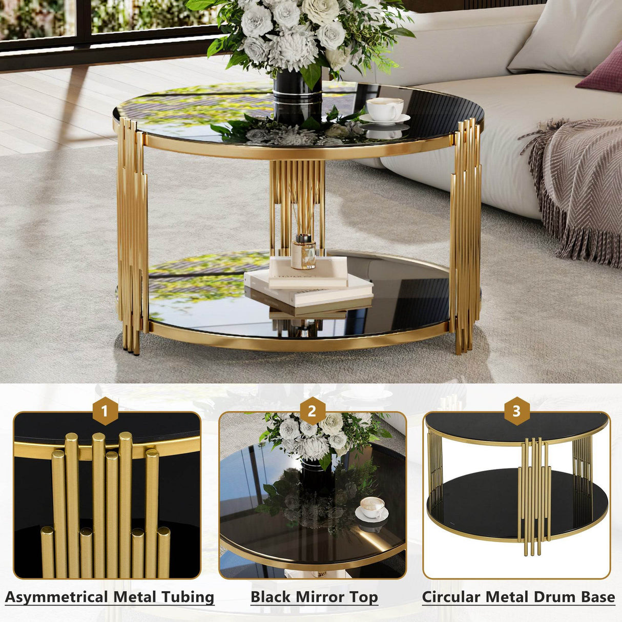 Modern Black Mirror Round Coffee Table With Shelf - Sleep Galleria