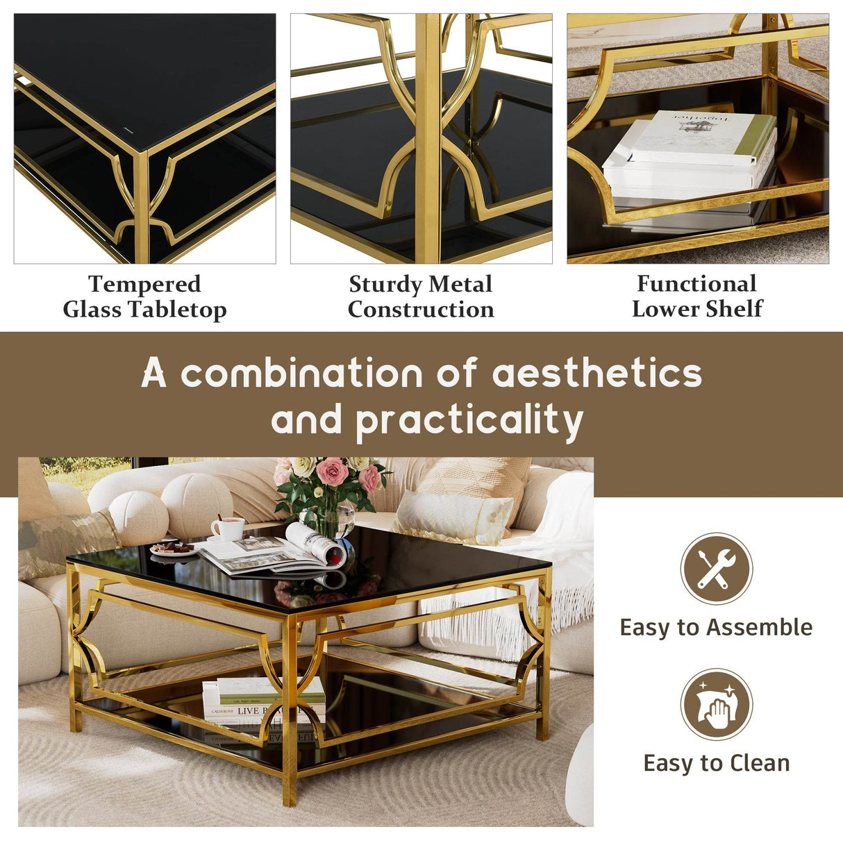 Modern Square Glass Coffee Table With Gold Metal Frame - Sleep Galleria
