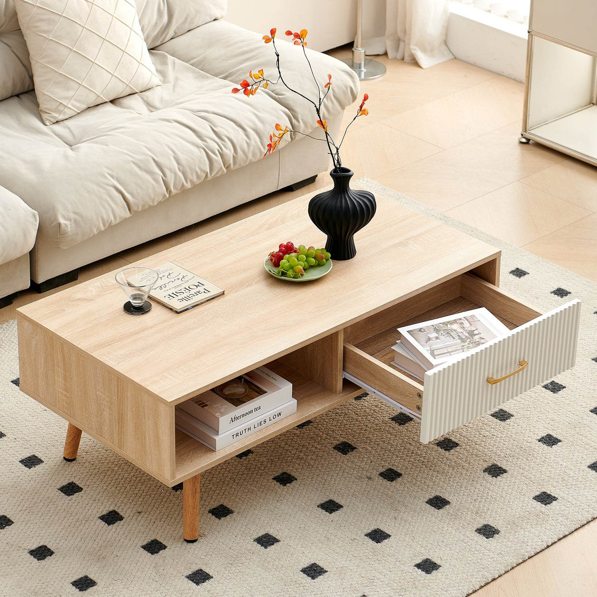 Solid Wood Modern Rectangle Coffee Table With Drawer Storage - Sleep Galleria