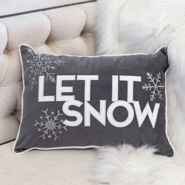 Gray Velvet Embroidered Let It Snow Lumbar Pillow 14x20 - Omega Lifestyles