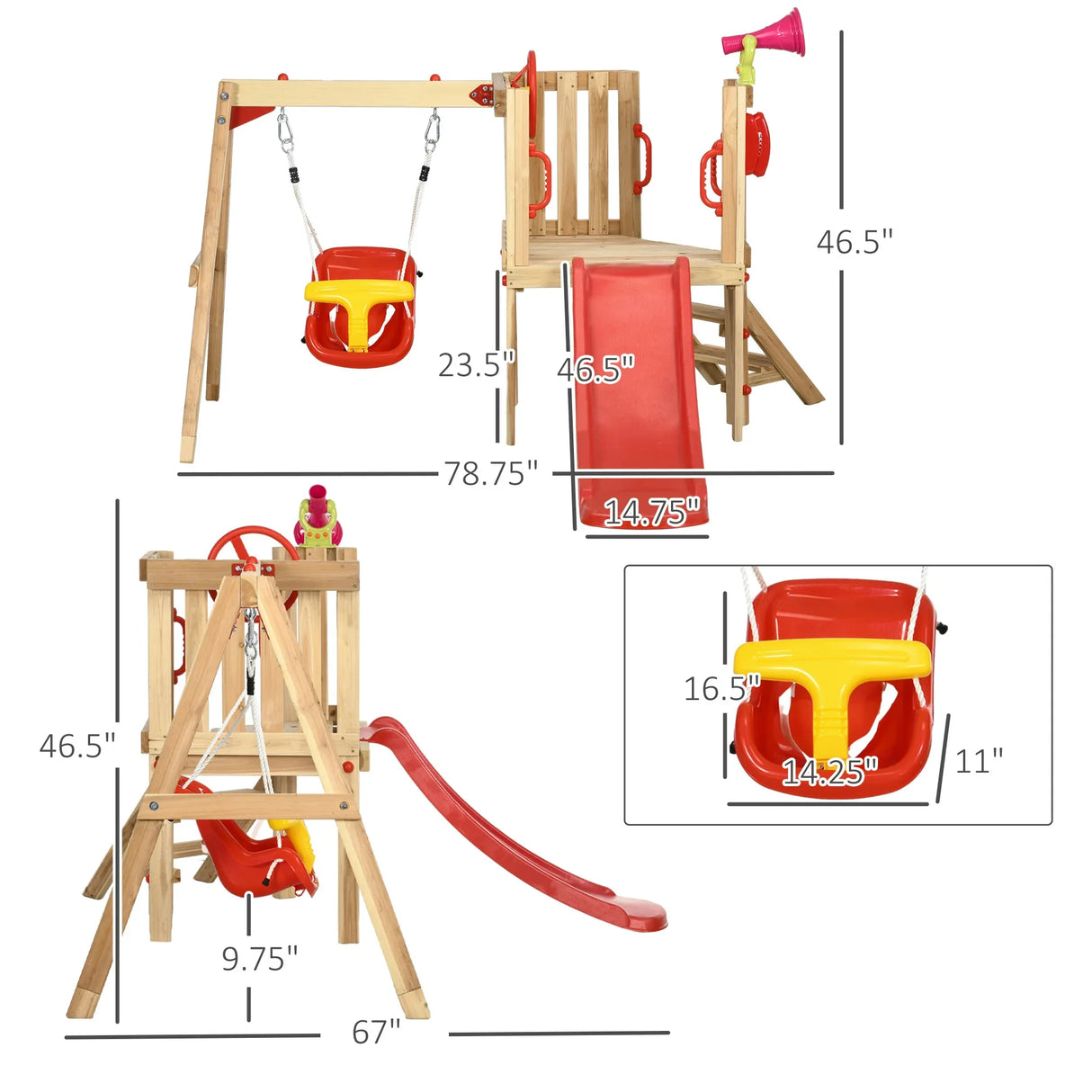 Wooden 4-in-1 Kids Swing Set With Slide And Horn - Omega Lifestyles