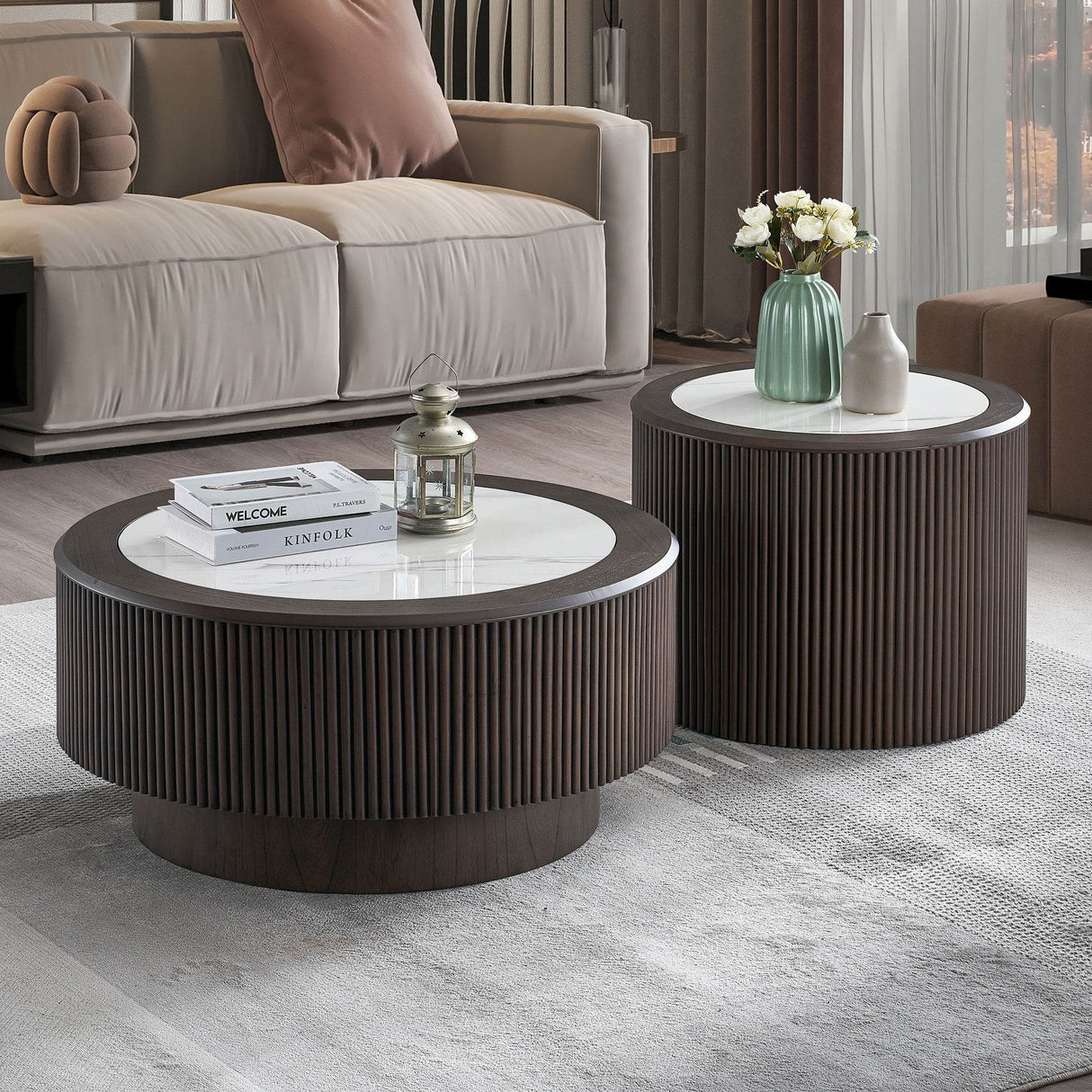 Modern Round Pedestal Coffee Table Set With Faux Marble - Sleep Galleria