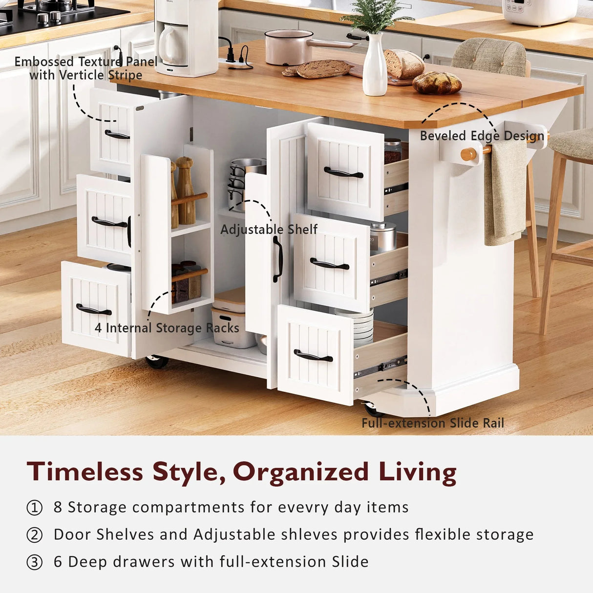 Rustic White Rubber Wood Rolling Kitchen Island Cart - Omega Lifestyles
