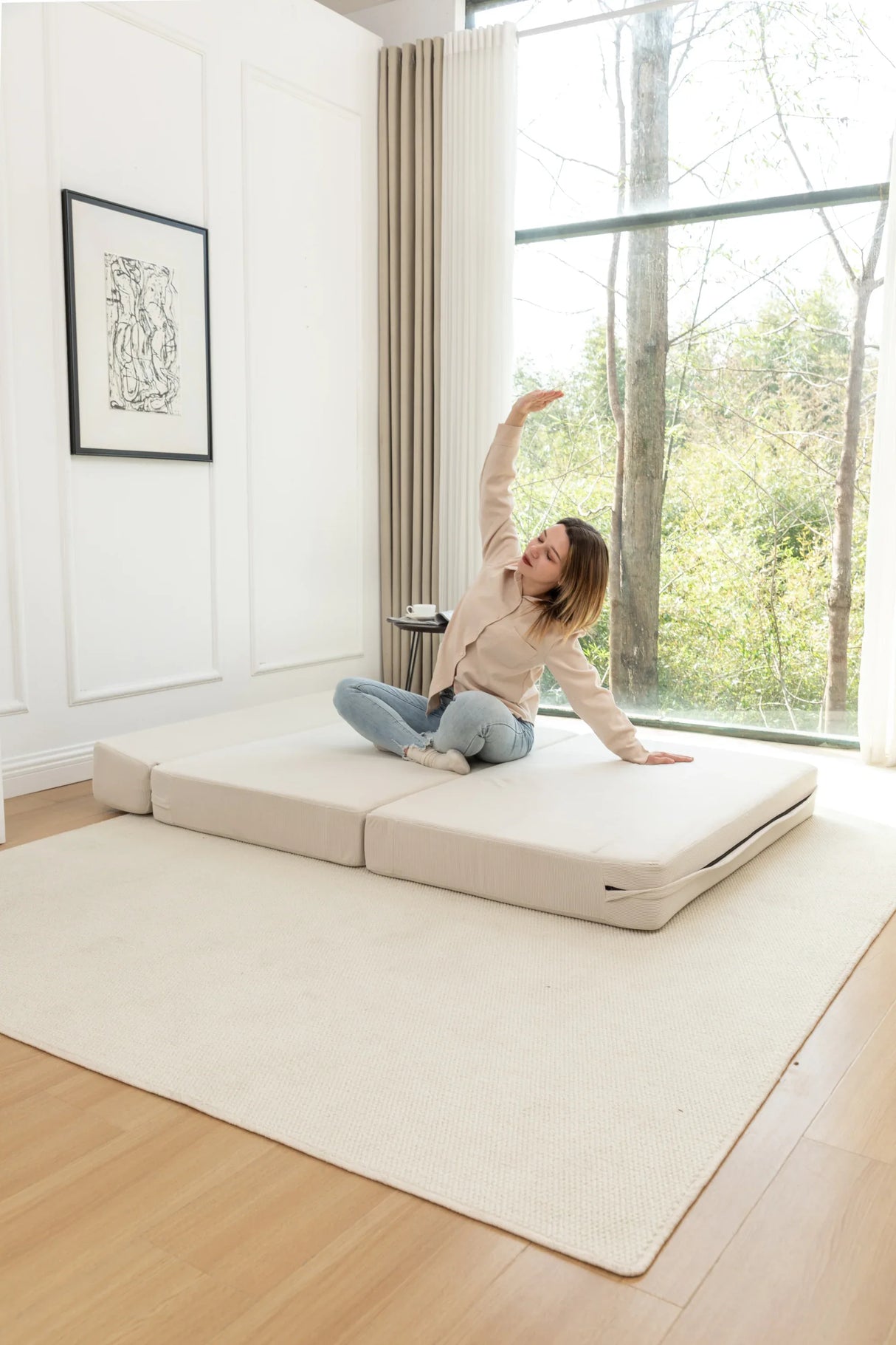 Foldable Corduroy Convertible Sofa Bed With Lumbar Pillow - Omega Lifestyles