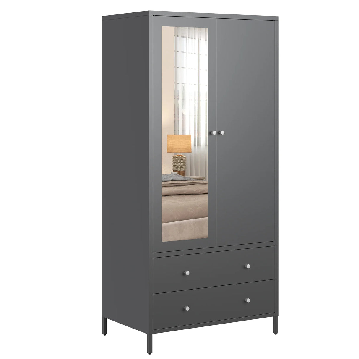 Retro Steel Armoire Wardrobe Closet With Mirror And Drawers - Omega Lifestyles