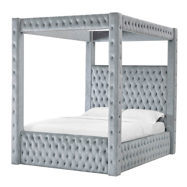 Modern Gray Velvet Upholstered Four-Poster King Bed Frame - Omega Lifestyles