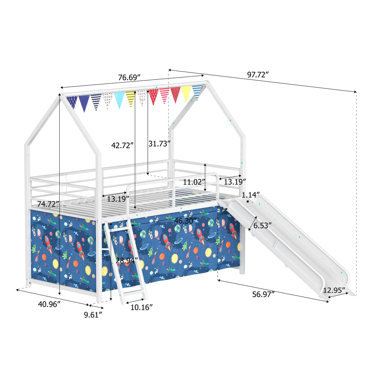 Twin Metal Junior House Loft Bed With Slide And Curtain Set - Omega Lifestyles
