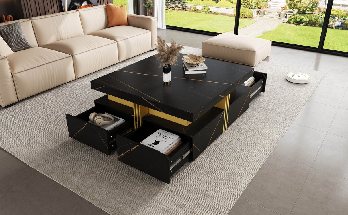 Modern Black Gold Accented Square Coffee Table With Storage - Sleep Galleria