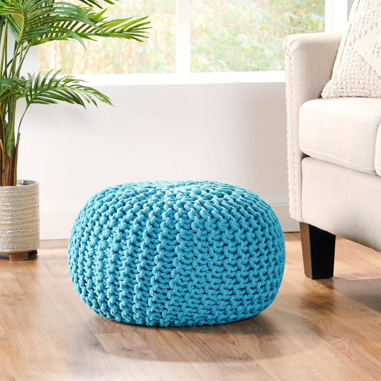 Modern Aqua Cotton Knit Weave Round Pouf 20-Inch - Omega Lifestyles