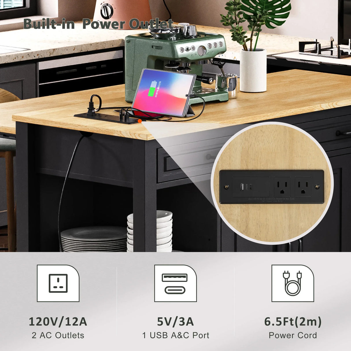 Extendable Rubber Wood Veneer Kitchen Island Cart - Omega Lifestyles