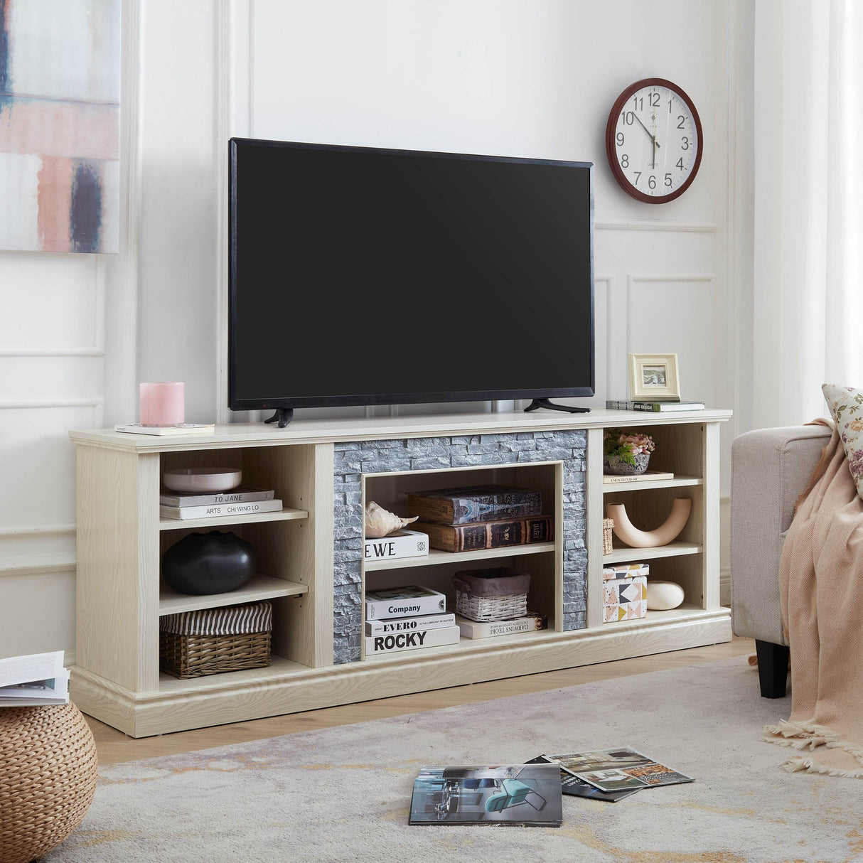 White MDF Large TV Stand With Storage Cabinet - Sleep Galleria