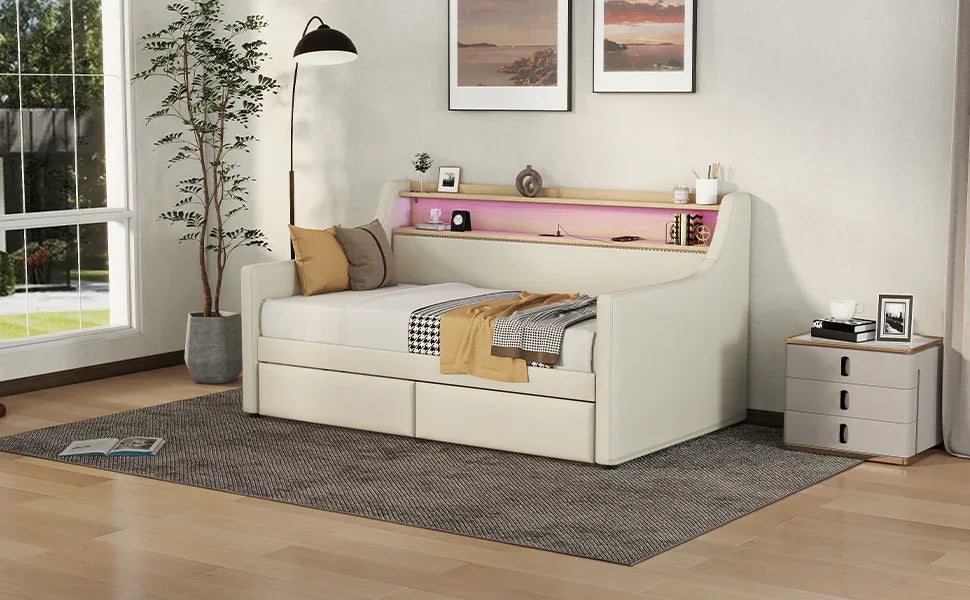 Twin PU Leather Daybed With Storage Drawers Charging Station - Omega Lifestyles