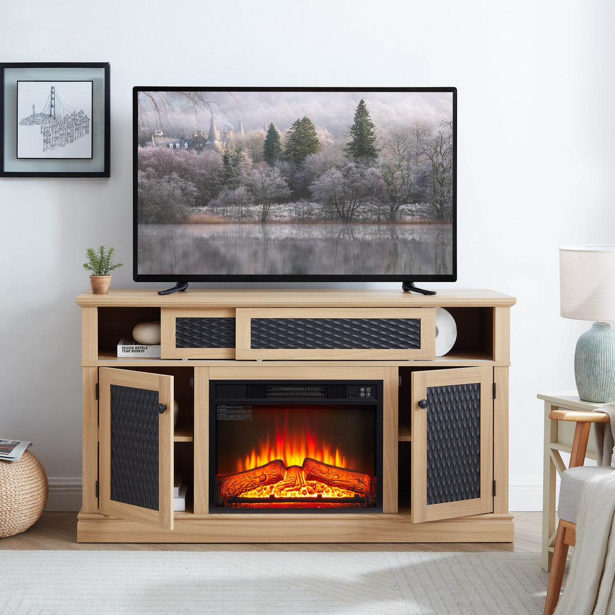 Embossed Light Oak Fireplace TV Stand Console - Sleep Galleria