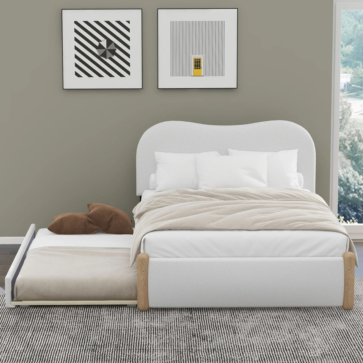 Full Upholstered Platform Bed With Twin Trundle White - Omega Lifestyles
