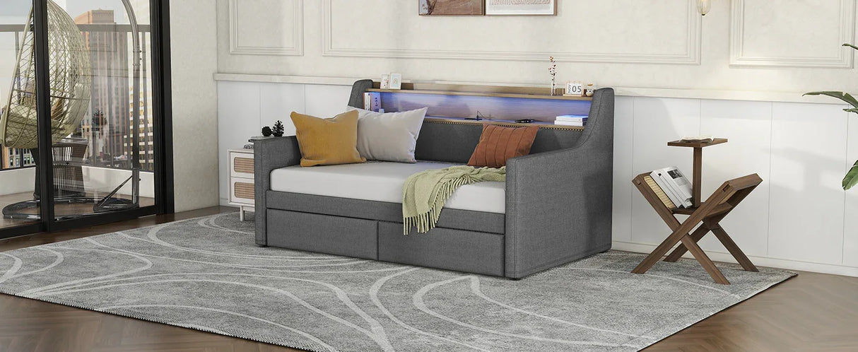 Twin Linen Upholstered Daybed With Storage Drawers Charging Station - Omega Lifestyles