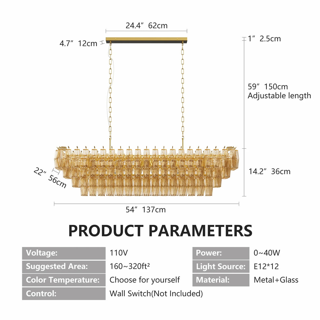 54-Inch Gold Smoke Glass 12-Light Modern Chandelier - Omega Lifestyles