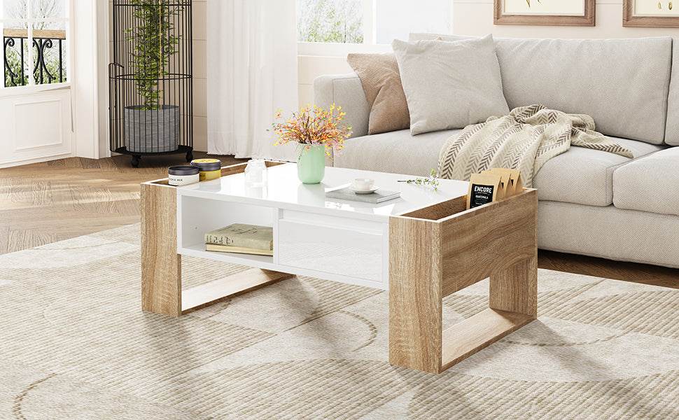 High Glossy White Coffee Table With Drawers - Sleep Galleria