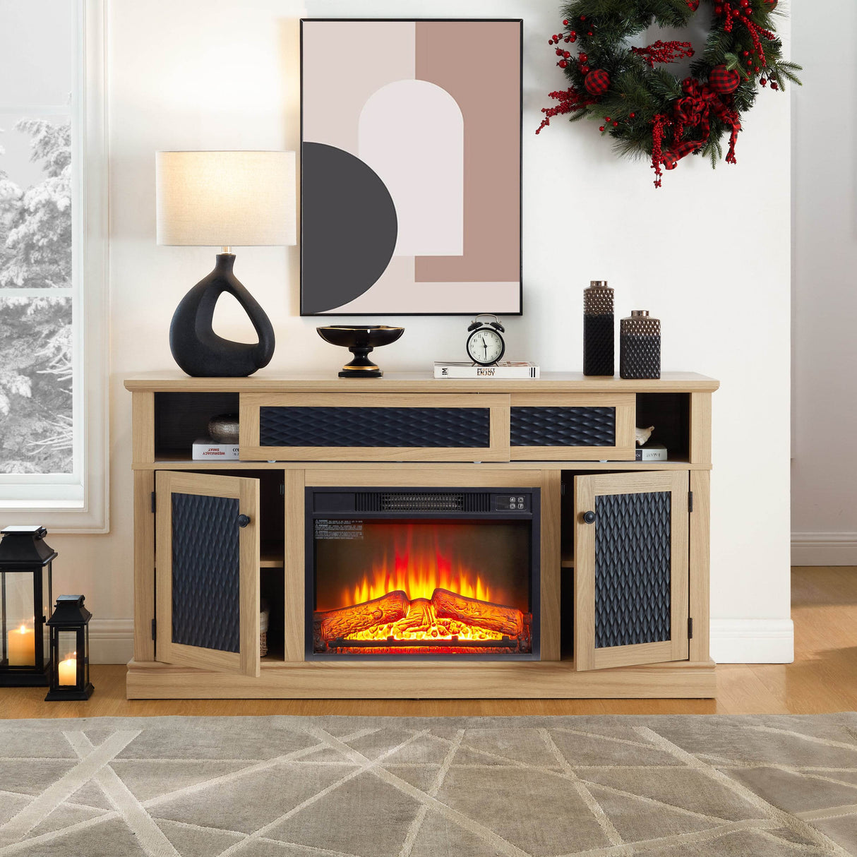 Embossed Light Oak Fireplace TV Stand Console - Sleep Galleria