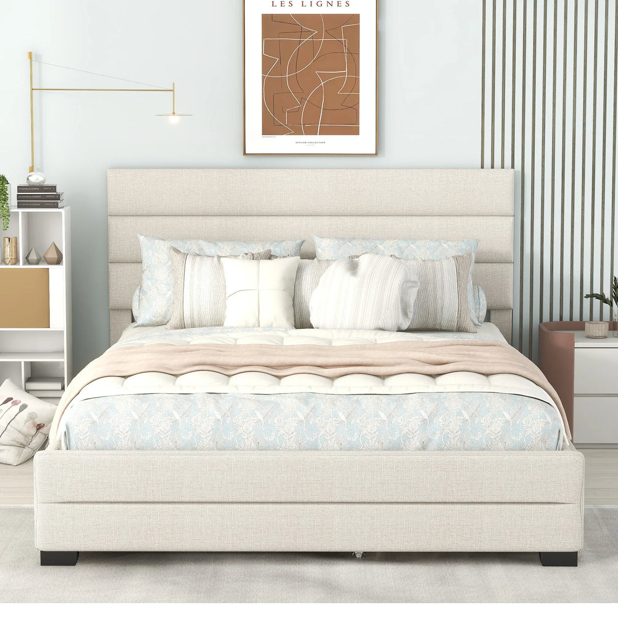 Queen Upholstered Platform Bed With Twin Trundle And Storage Drawers - Omega Lifestyles